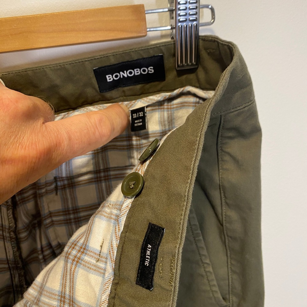 Bonobos Chinos Mens 33x32 Olive Excellent Plaid Flannel Lined Athletic Fit - Picture 2 of 10